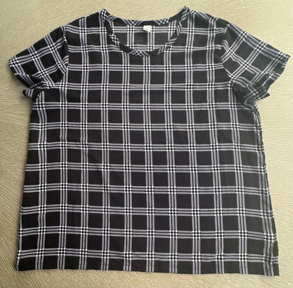 Old Navy Black White Plaid Short Sleeve Silky Blouse Top Women's XL